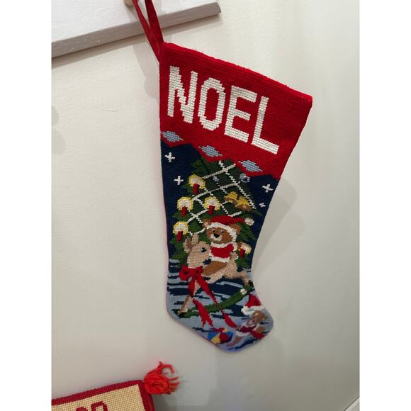NOEL Needlepoint Embroidered Christmas Stocking with Bears & Reindeer Holiday - Picture 3 of 5